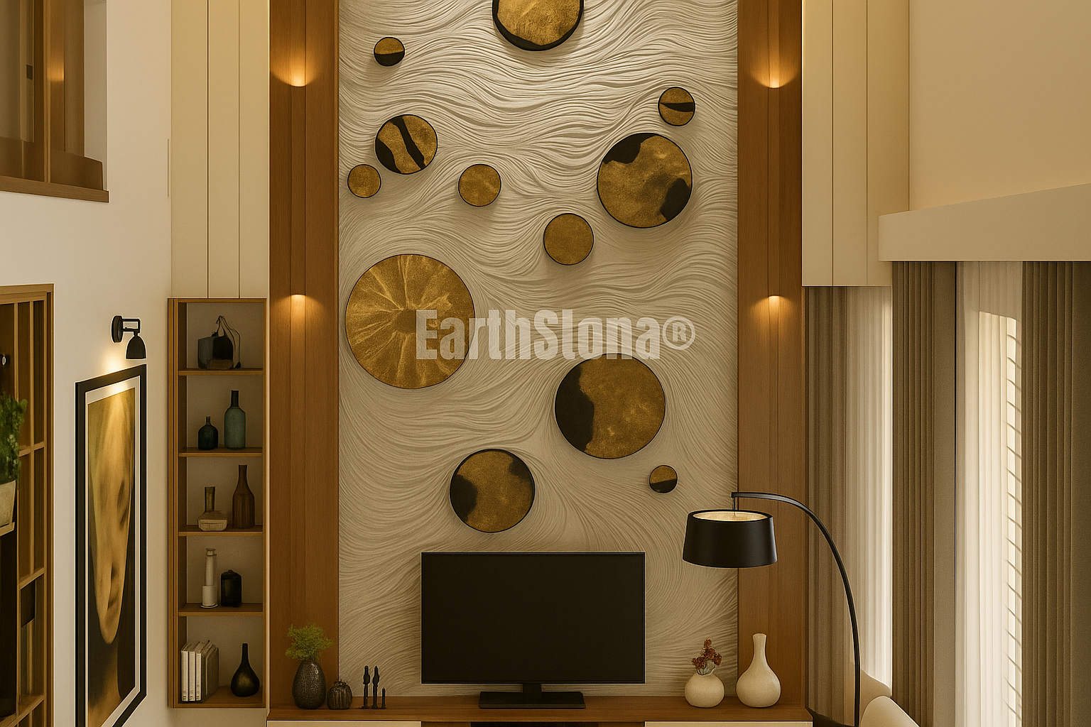 Transform Your Walls with Circle Glitter Golden Wave Stone Carving Designs